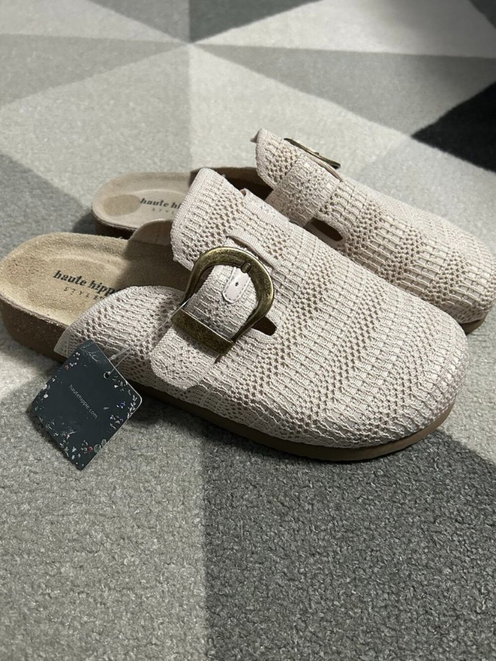 NWT Haute Hippie Crochet Knit Brass Tone Buckle Cream Mules Clogs Women's 9